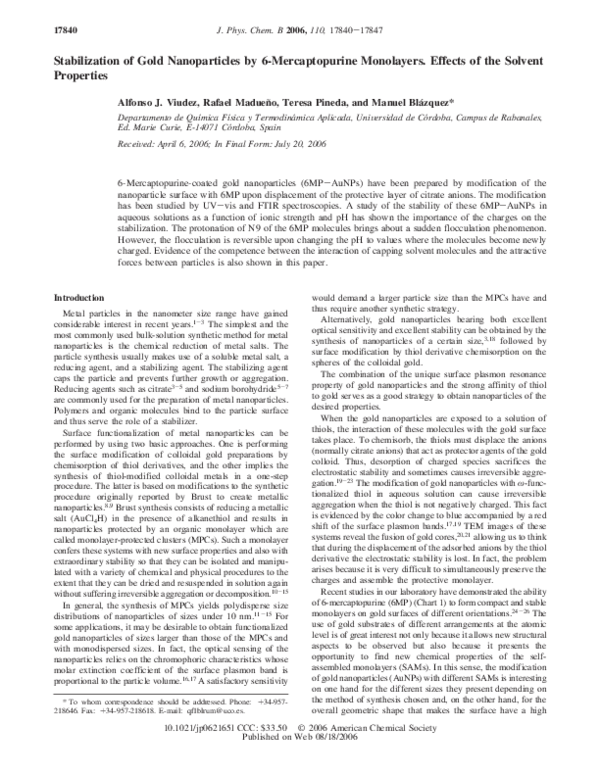 (PDF) Stabilization of Gold Nanoparticles by 6-Mercaptopurine ...