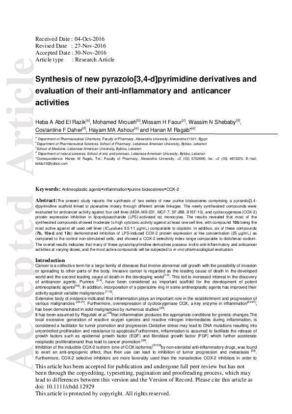 (PDF) Synthesis of new pyrazolo[3,4-d]pyrimidine derivatives and ...