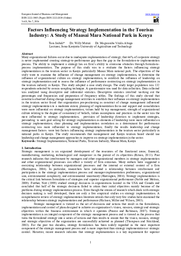 (PDF) Factors Influencing Strategy Implementation in the Tourism ...
