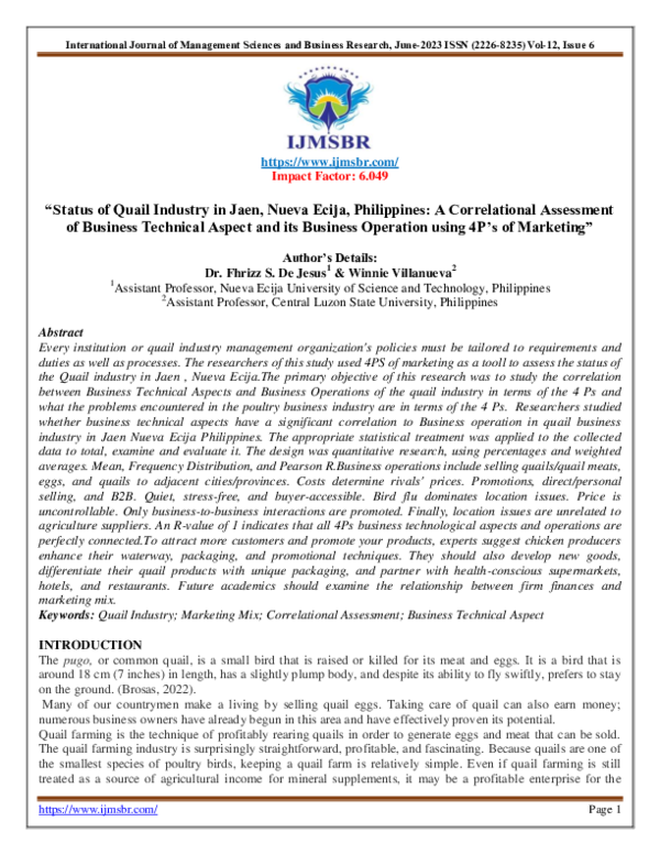 (PDF) Status of Quail Industry in Jaen, Nueva Ecija, Philippines: A