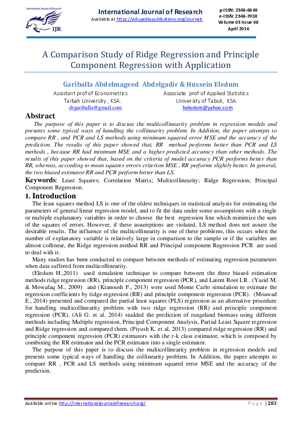 (PDF) A Comparison Study of Ridge Regression and Principle Component ...
