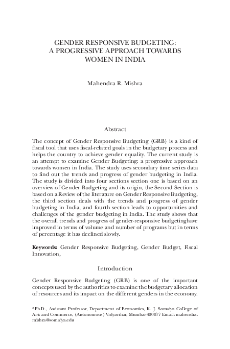 (PDF) GENDER RESPONSIVE BUDGETING: A PROGRESSIVE APPROACH TOWARDS WOMEN ...