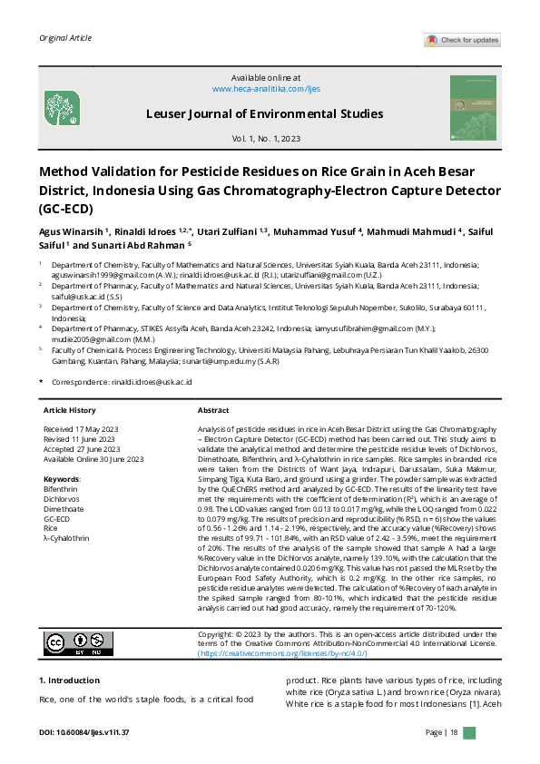 (PDF) Method Validation for Pesticide Residues on Rice Grain in Aceh ...