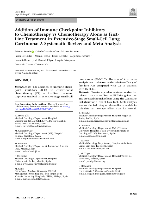 (PDF) Addition of Immune Checkpoint Inhibitors to Chemotherapy vs ...