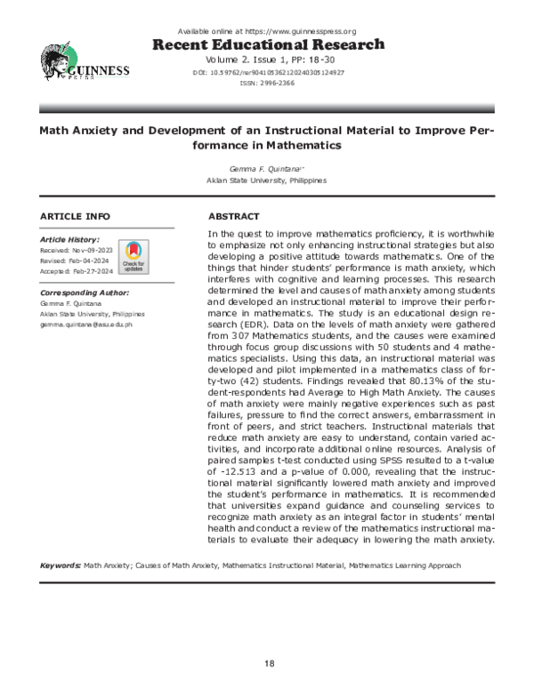 (PDF) Math Anxiety and Development of an Instructional Material to ...