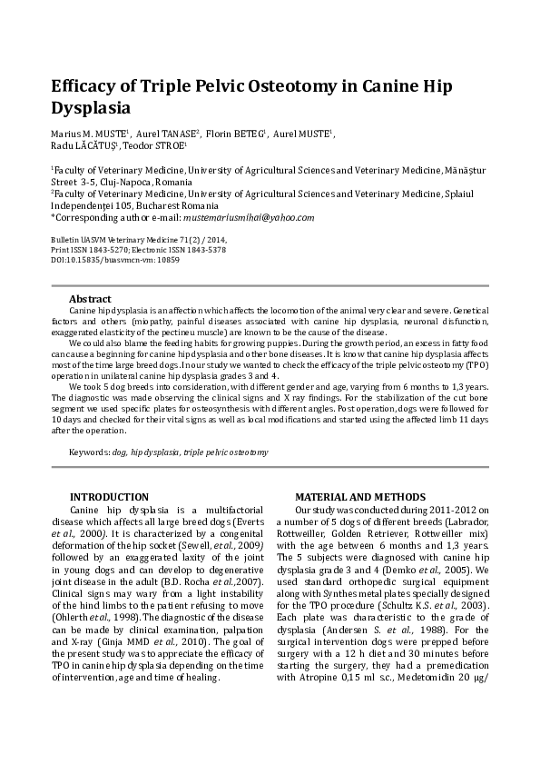 (PDF) Efficacy of Triple Pelvic Osteotomy in Canine Hip Dysplasia