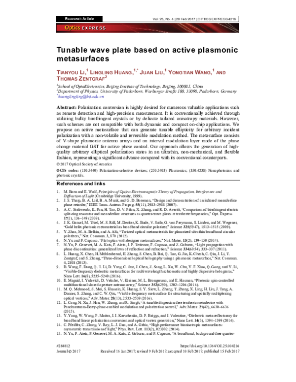(PDF) Tunable wave plate based on active plasmonic metasurfaces