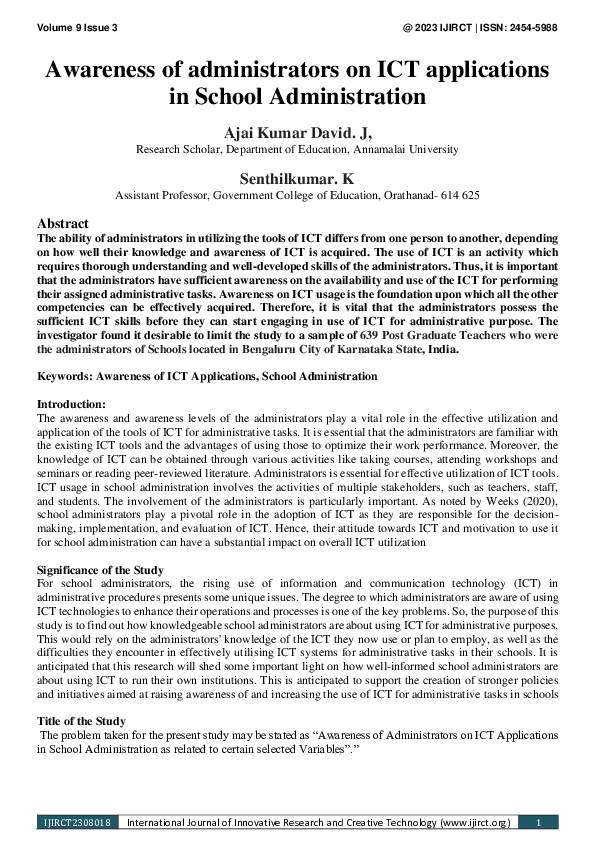 Awareness of administrators on ICT applications in School Administration