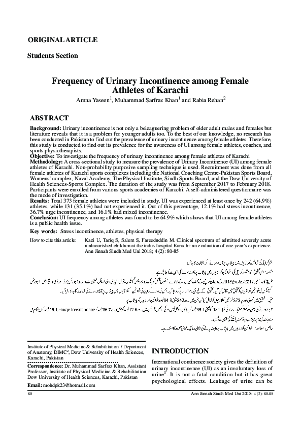 (PDF) Frequency of Urinary Incontinence Among Female Athletes of Karachi