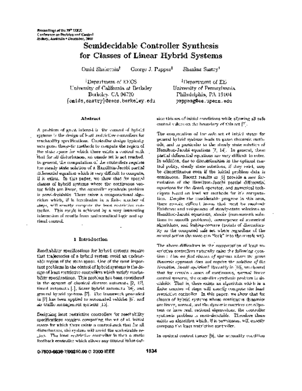 (PDF) Semidecidable controller synthesis for classes of linear hybrid ...