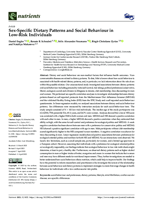(PDF) Sex-Specific Dietary Patterns and Social Behaviour in Low-Risk ...