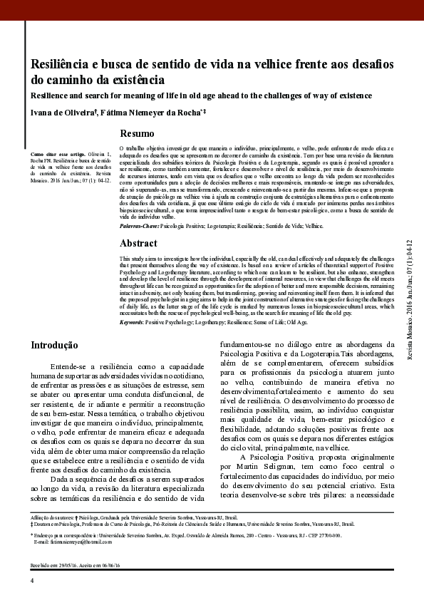 (PDF) Resiliência e Busca de Sentido de Vida na Velhice Frente aos ...