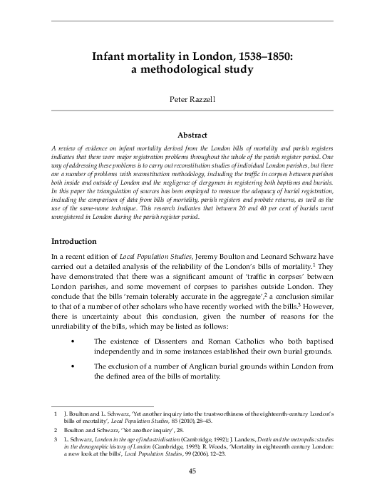 (PDF) Infant mortality in London, 1538-1850: a methodological study