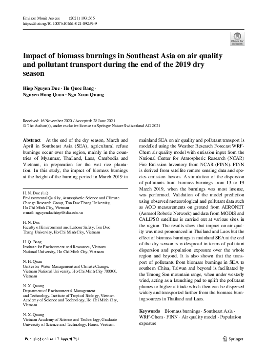 (PDF) Impact of biomass burnings in Southeast Asia on air quality and ...