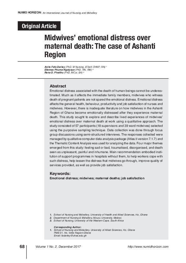 (PDF) Midwives’ emotional distress over maternal death: The case of ...