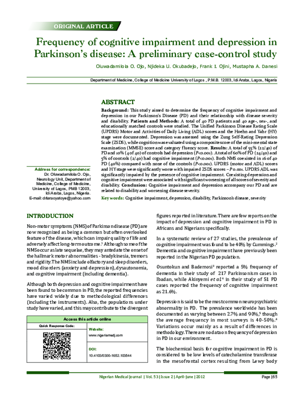 (PDF) Frequency of cognitive impairment and depression in Parkinson′s ...