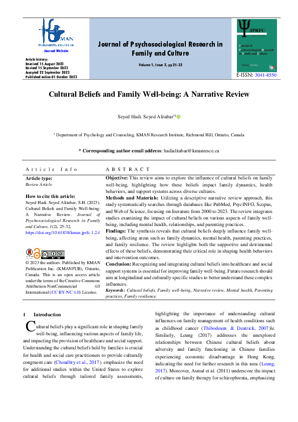(PDF) Cultural Beliefs and Family Well-being: A Narrative Review