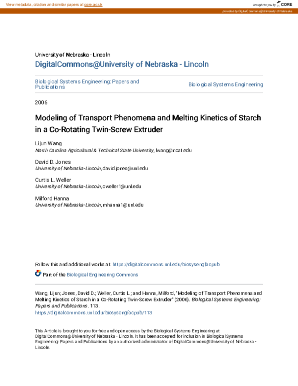 (PDF) Modeling of transport phenomena and melting kinetics of starch in ...