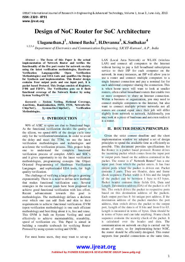 (PDF) Design of NoC Router for SoC Architecture