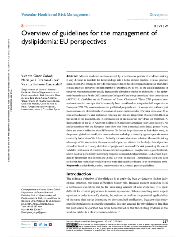 (PDF) Overview of guidelines for the management of dyslipidemia: EU ...