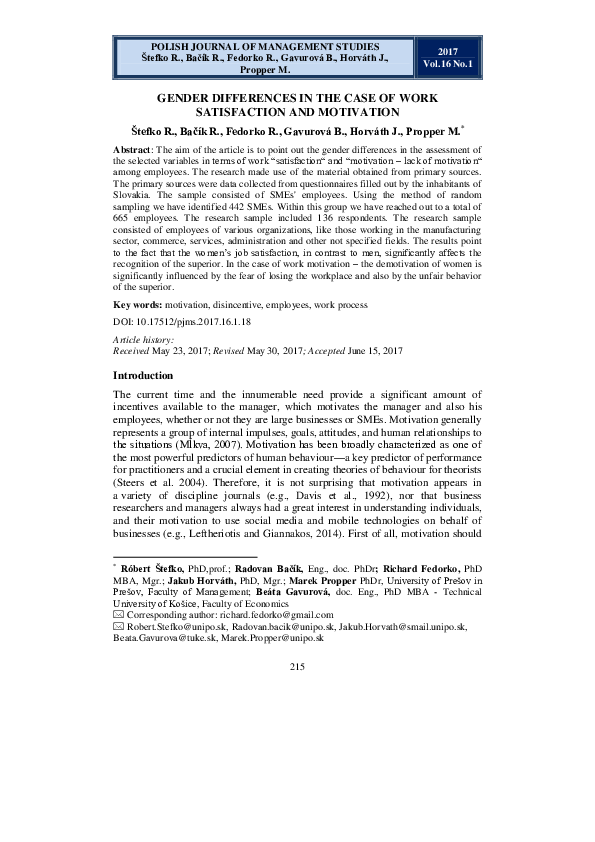 (PDF) Gender Differences in the Case of Work Satisfaction and Motivation