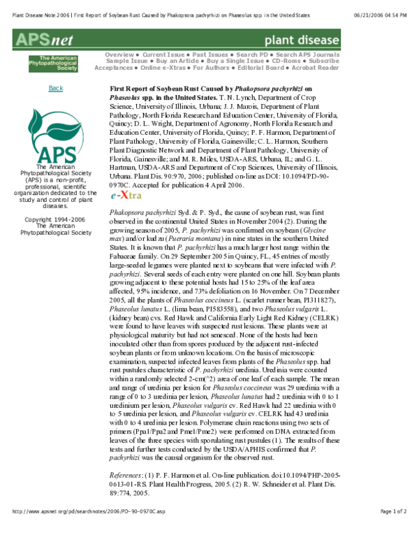 (PDF) First Report of Soybean Rust Caused by Phakopsora pachyrhizi on ...