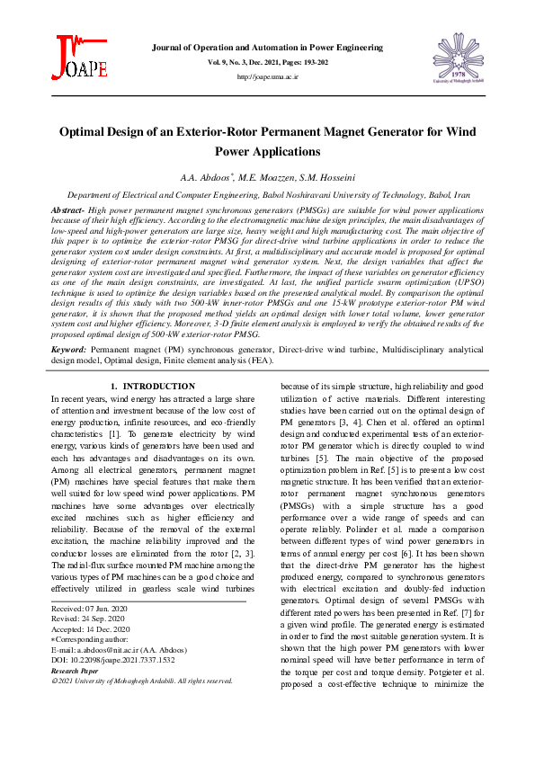 (PDF) Optimal Design of an Exterior-Rotor Permanent Magnet Generator ...