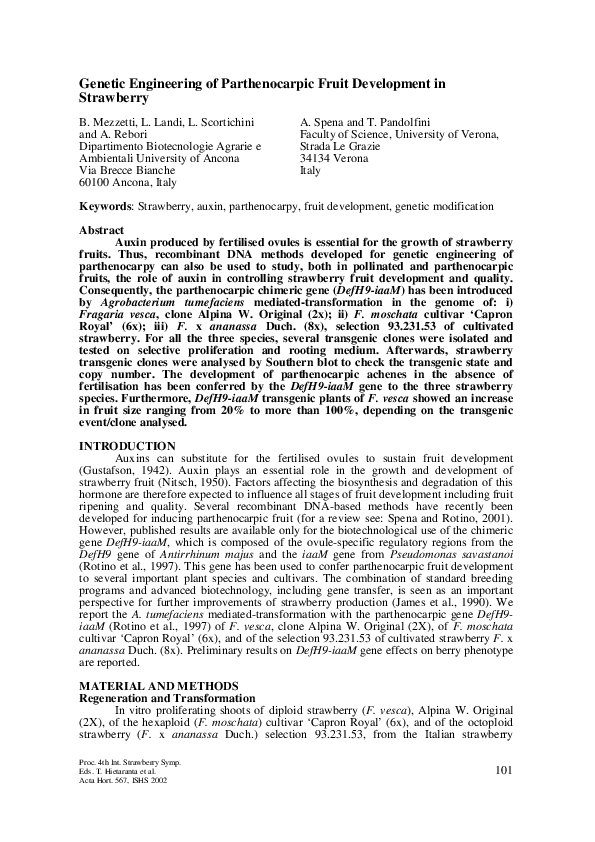 (PDF) Genetic Engineering of Parthenocarpic Fruit Development in Strawberry