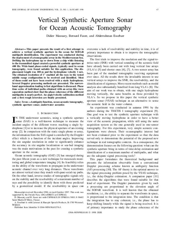 (PDF) Vertical synthetic aperture sonar for ocean acoustic tomography