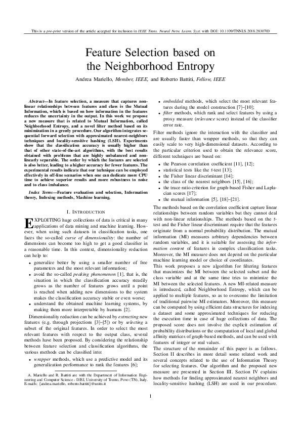 (PDF) Feature Selection Based on the Neighborhood Entropy