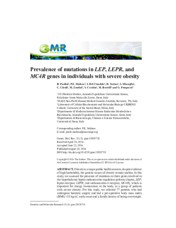 (PDF) Prevalence of mutations in LEP, LEPR, and MC4R genes in ...