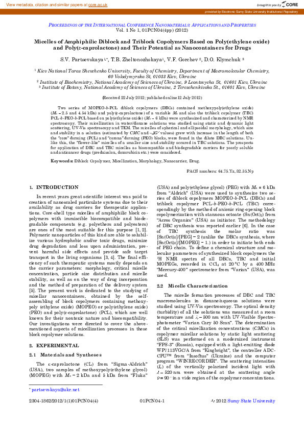 (PDF) Micelles of Amphiphilic Diblock and Triblock Copolymers Based on ...