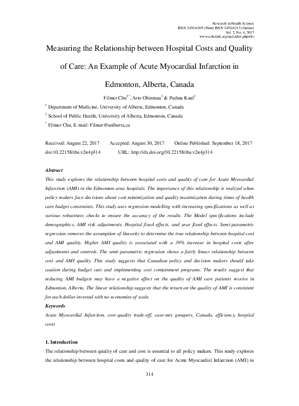 (PDF) Measuring the Relationship between Hospital Costs and Quality of ...
