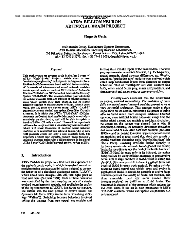 (PDF) “CAM-Brain∝ ATR's billion neuron artificial brain project a three ...