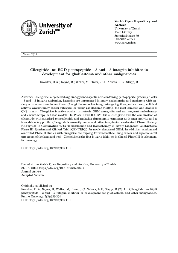 (PDF) Cilengitide: an RGD pentapeptide ανβ3 and ανβ5 integrin inhibitor ...