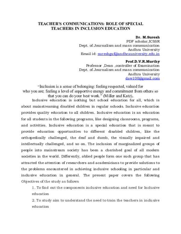 (DOC) TEACHER'S COMMUNICATIONS: ROLE OF SPECIAL TEACHERS IN INCLUSION ...