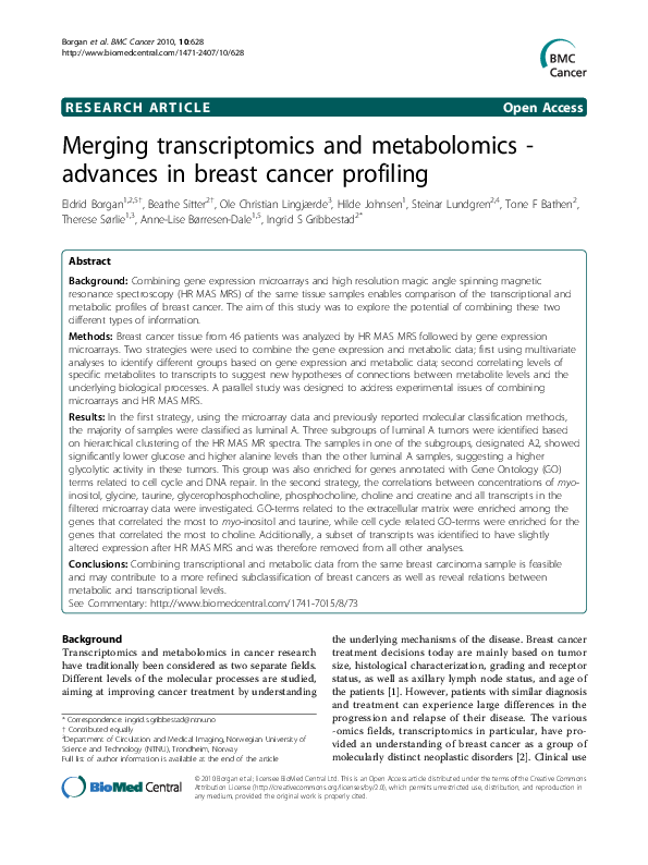 (PDF) Merging transcriptomics and metabolomics - advances in breast ...