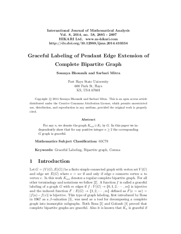 Pdf Graceful Labeling Of Pendant Edge Extension Of Complete Bipartite Graph Sarbari Mitra Pdf Graceful Labeling Of Pendant Edge Extension Of Complete Bipartite Graph Sarbari Mitra