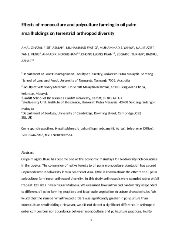 Effects of monoculture and polyculture farming in oil palm smallholdings on terrestrial arthropod diversity
