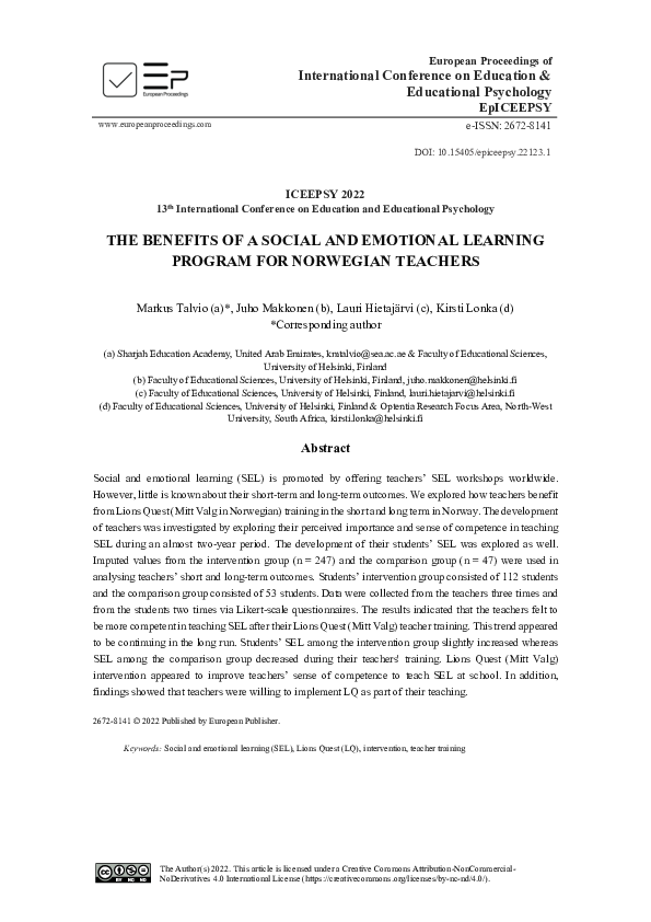 (PDF) Benefits Of A Social And Emotional Learning Program For Norwegian ...