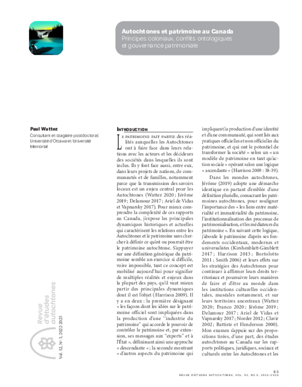 (PDF) Autochtones et patrimoine au Canada: principes coloniaux ...
