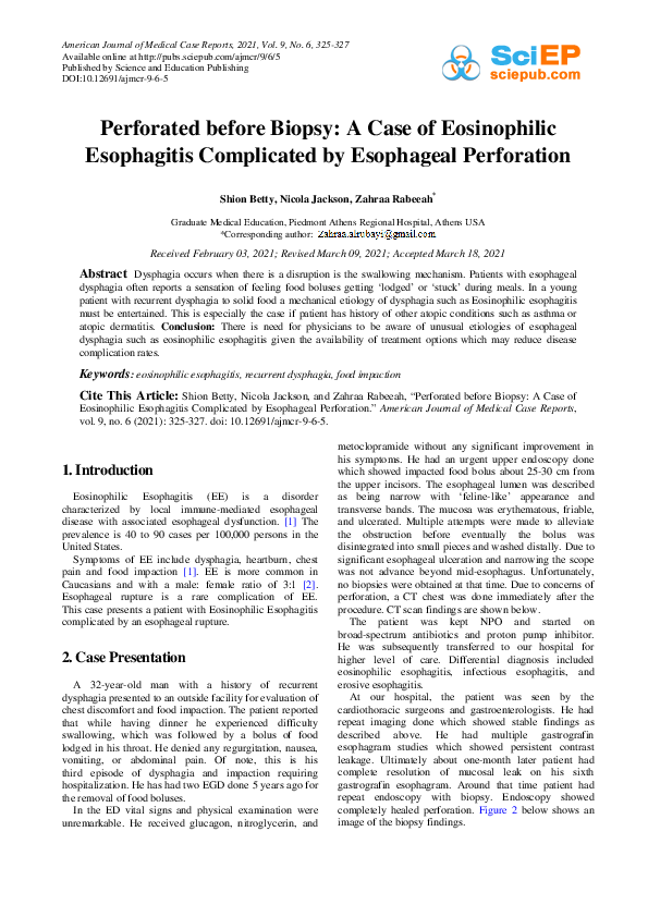 (PDF) Perforated before Biopsy: A Case of Eosinophilic Esophagitis ...