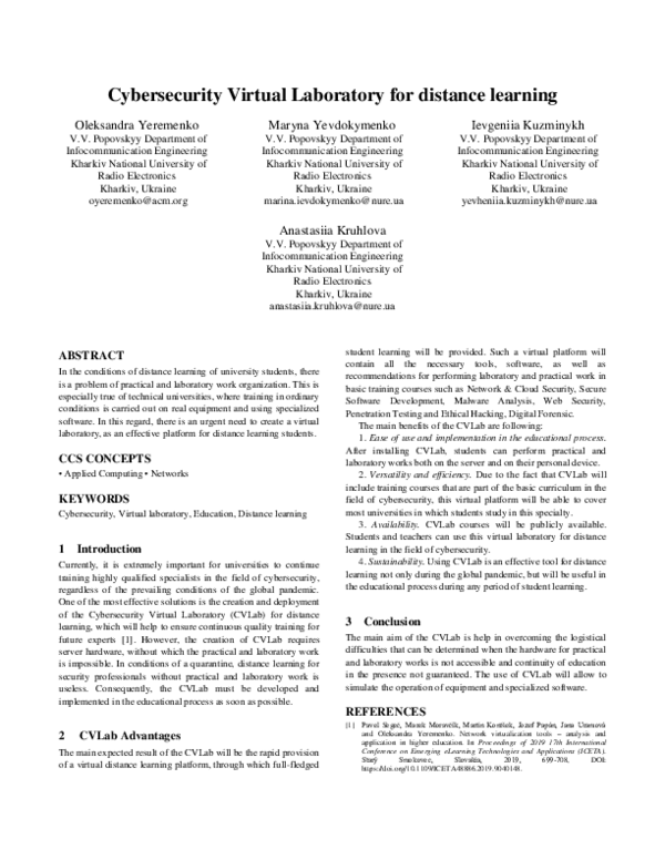 (PDF) Cybersecurity Virtual Laboratory for distance learning