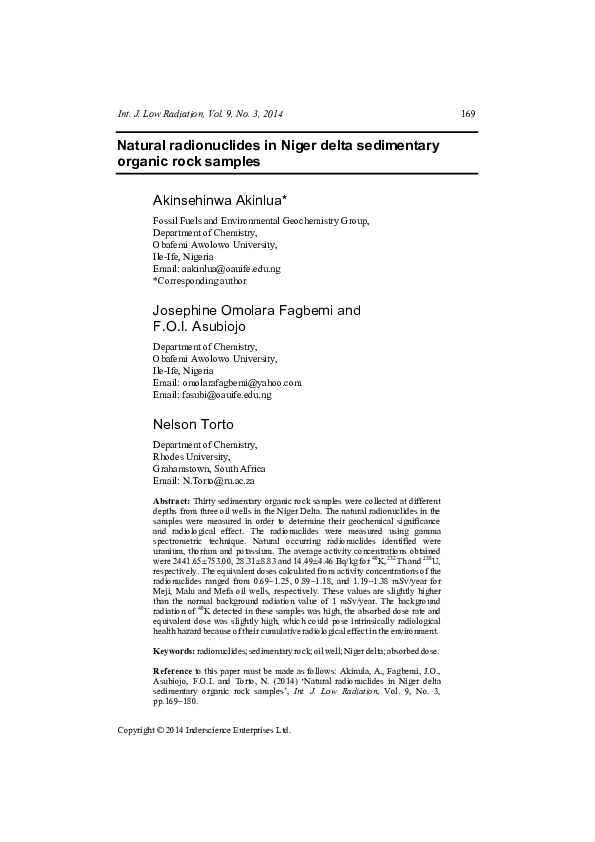 (PDF) Natural radionuclides in Niger delta sedimentary organic rock samples