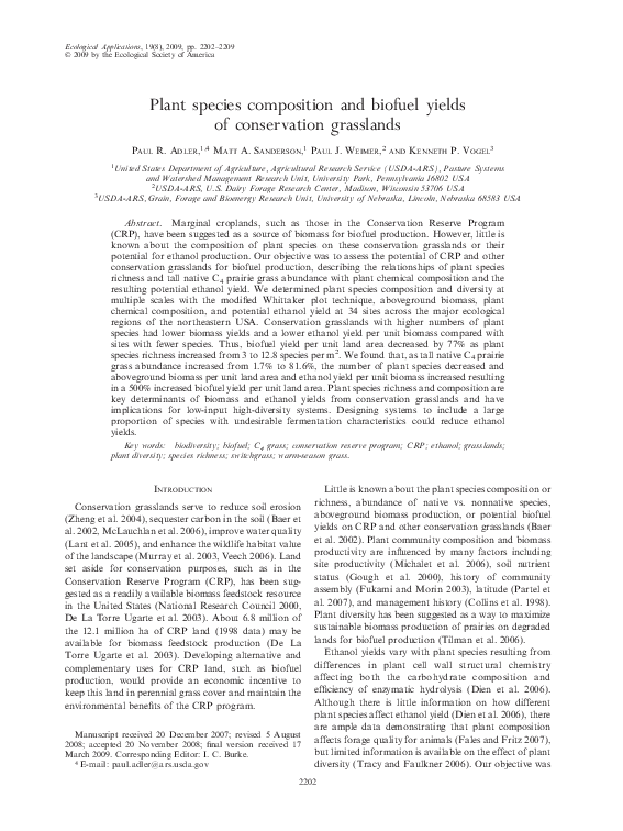 (PDF) Plant species composition and biofuel yields of conservation ...