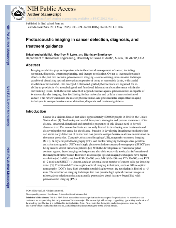 (PDF) Photoacoustic imaging in cancer detection, diagnosis, and ...