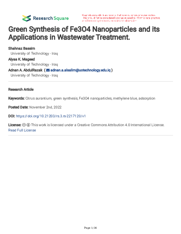 (PDF) Green Synthesis of Fe3O4 Nanoparticles and its Applications in ...
