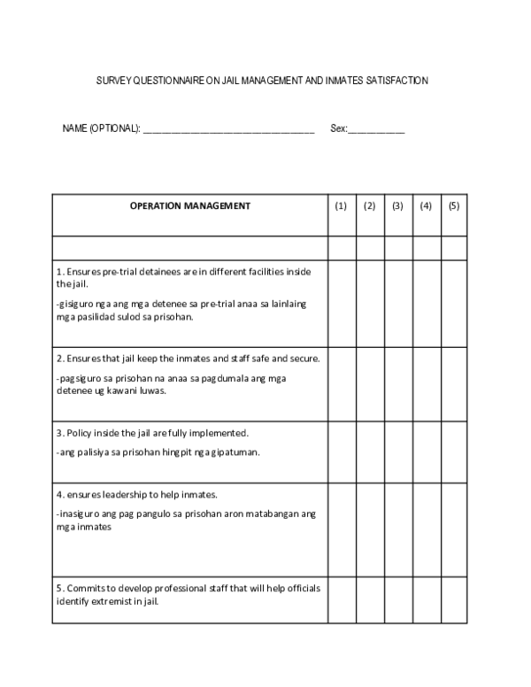 (PDF) SURVEY QUESTIONNAIRE ON JAIL MANAGEMENT AND INMATES SATISFACTION ...