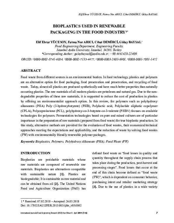 (PDF) Bioplastics Used in Renewable Packaging in the Food Industry