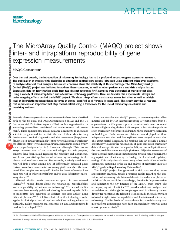 (PDF) The MicroArray Quality Control (MAQC) project shows inter- and ...